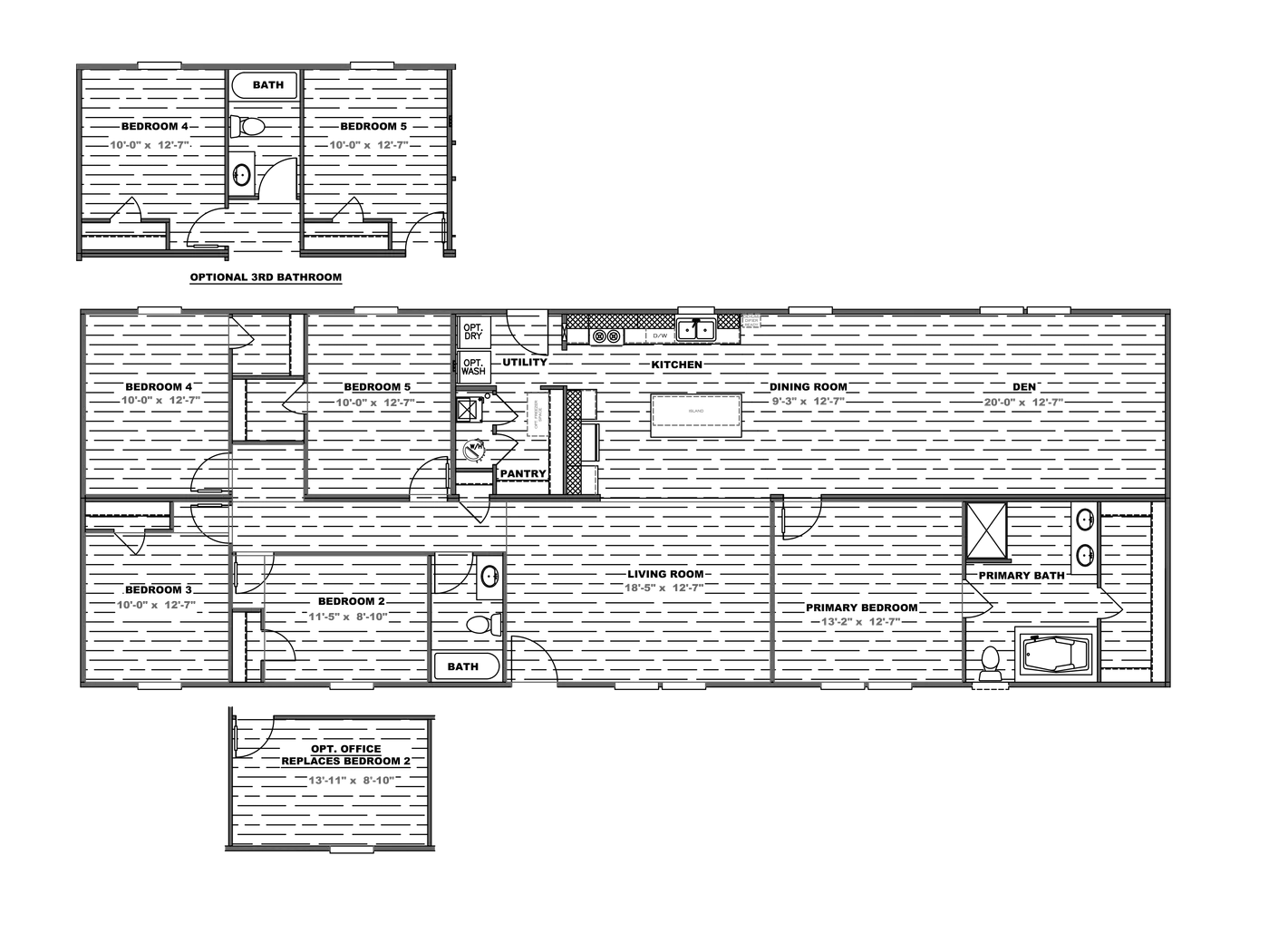 The THE EAGLE 76 Floor Plan. This Manufactured Mobile Home features 5 bedrooms and 2 baths.