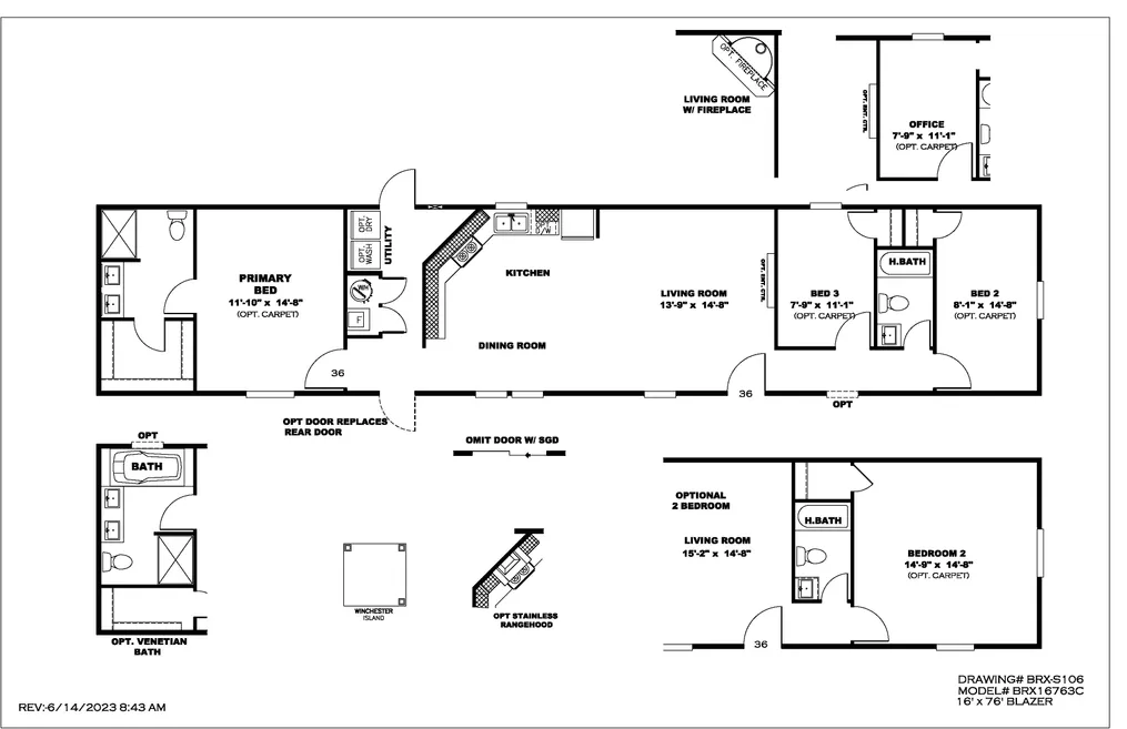 The BLAZER 76 C Floor Plan. This Manufactured Mobile Home features 3 bedrooms and 2 baths.