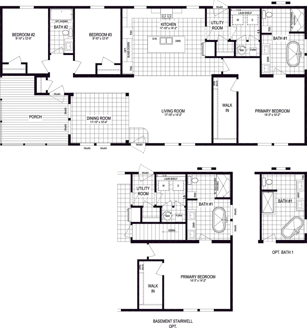 The STRATFORD PL 6630-MS062 SECT Floor Plan. This Manufactured Mobile Home features 3 bedrooms and 2 baths.