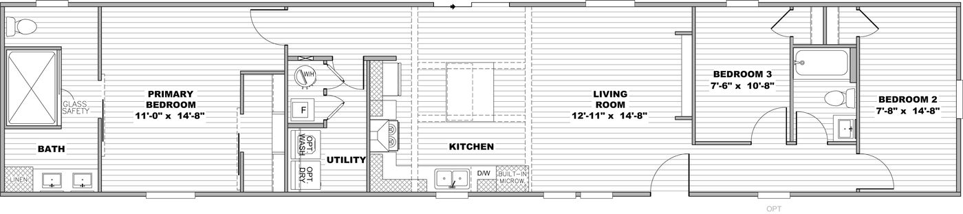 The THE SMOKEY Floor Plan. This Manufactured Mobile Home features 3 bedrooms and 2 baths.