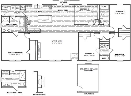 The TRADITION 3268B Floor Plan. This Manufactured Mobile Home features 5 bedrooms and 3 baths.