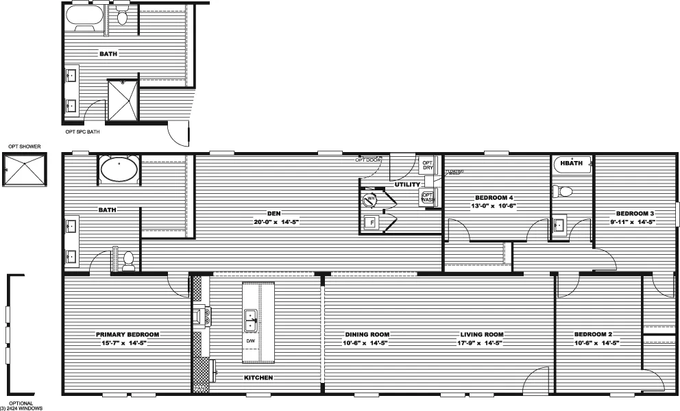 The EVEREST Floor Plan. This Manufactured Mobile Home features 4 bedrooms and 2 baths.