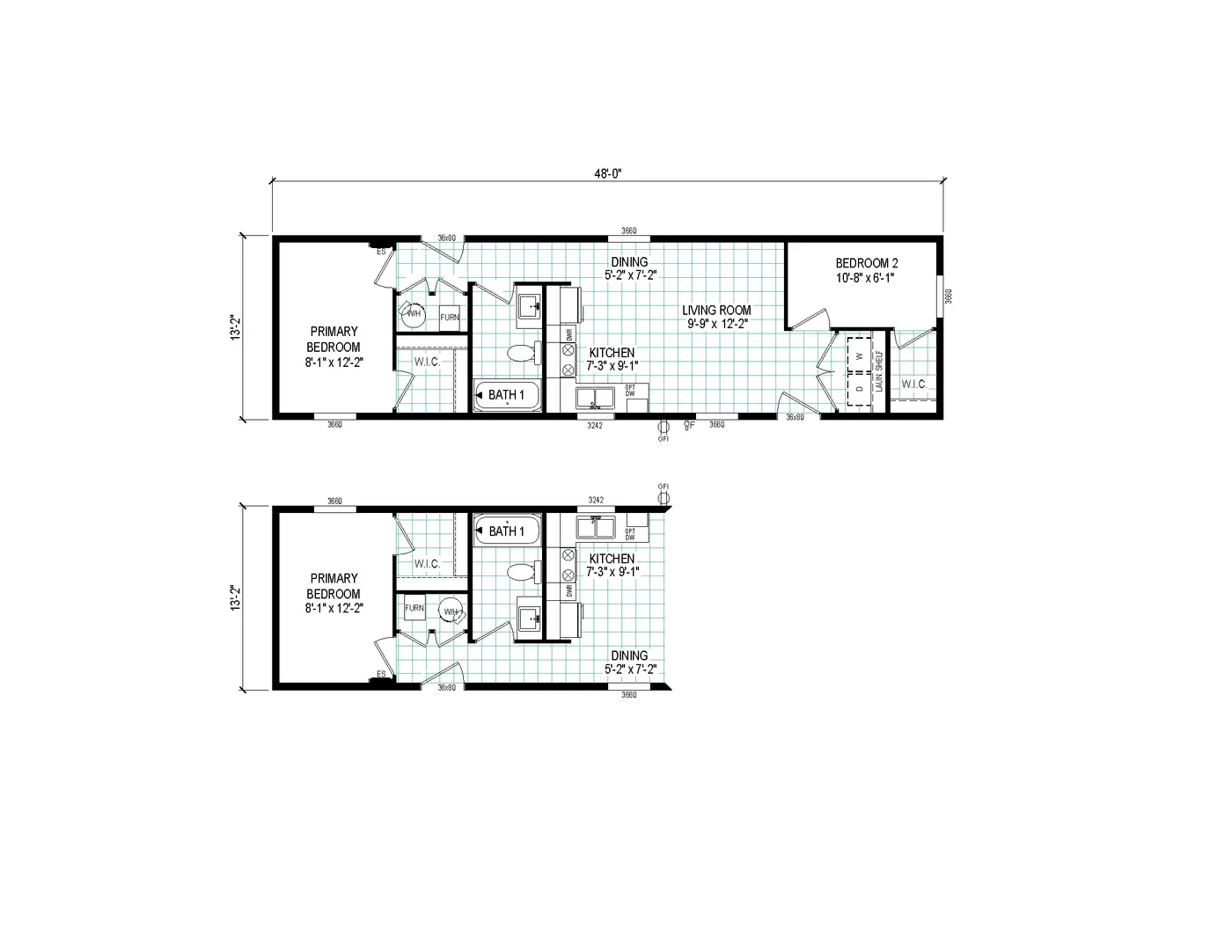 The 4814-4790 THE PULSE Floor Plan. This Manufactured Mobile Home features 2 bedrooms and 1 bath.