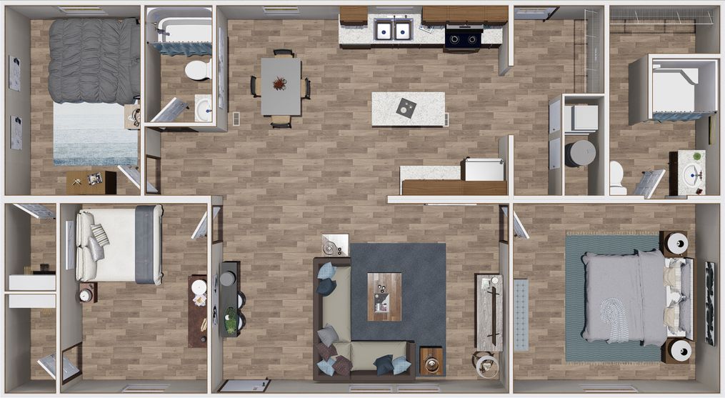 The SATISFACTION Floor Plan. This Manufactured Mobile Home features 3 bedrooms and 2 baths.