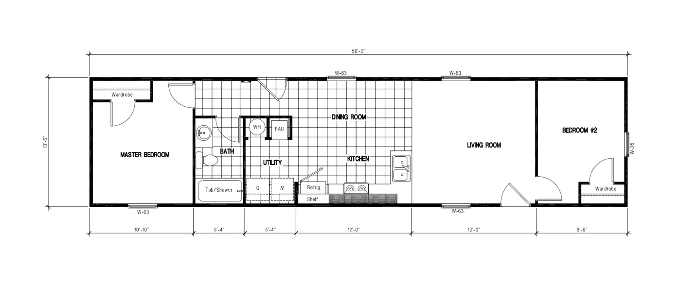 The DRM561M 56'              DREAM Floor Plan. This Manufactured Mobile Home features 2 bedrooms and 1 bath.