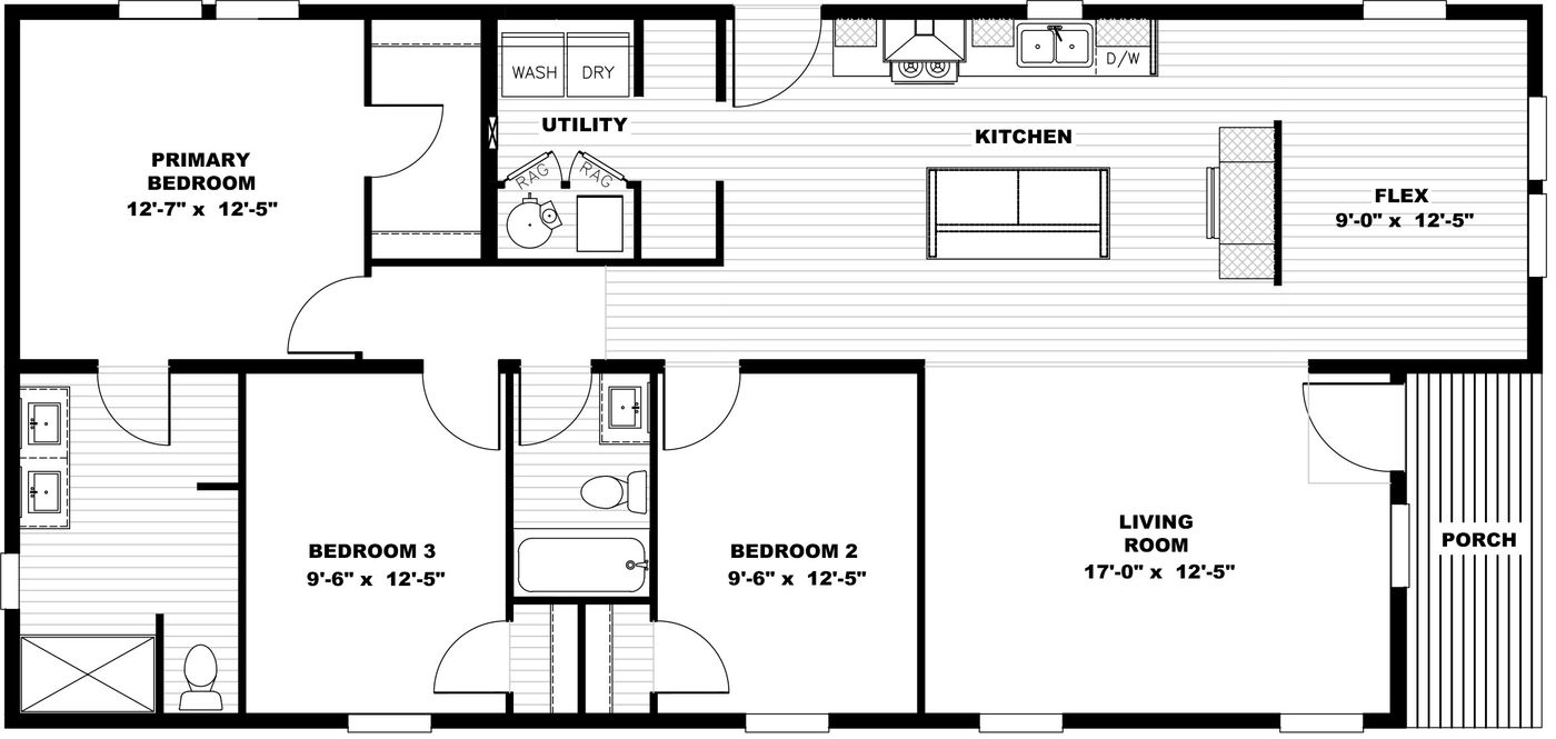 The STAYIN ALIVE Floor Plan. This Modular Home features 3 bedrooms and 2 baths.