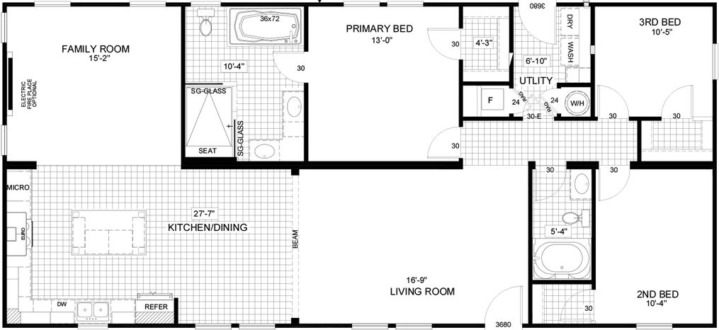 The THE SOUTHERN CHARM Floor Plan. This Manufactured Mobile Home features 3 bedrooms and 2 baths.