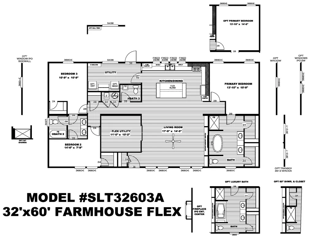 The FARMHOUSE FLEX Floor Plan. This Manufactured Mobile Home features 3 bedrooms and 2.5 baths.