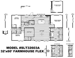 The FARMHOUSE FLEX Floor Plan. This Manufactured Mobile Home features 3 bedrooms and 2.5 baths.