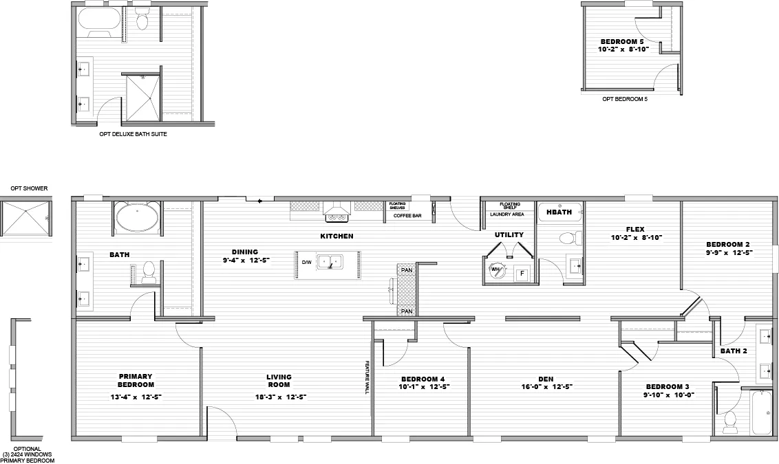 The SNOWCAP Floor Plan. This Manufactured Mobile Home features 4 bedrooms and 3 baths.