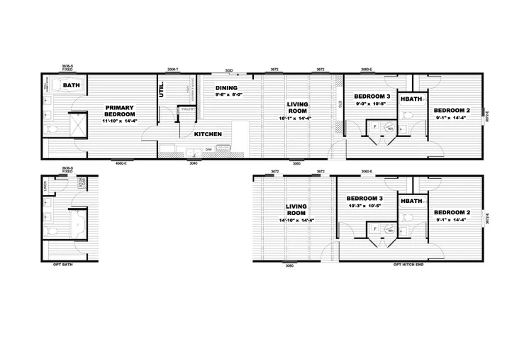 The ANNIVERSARY 16763A Floor Plan. This Manufactured Mobile Home features 3 bedrooms and 2 baths.