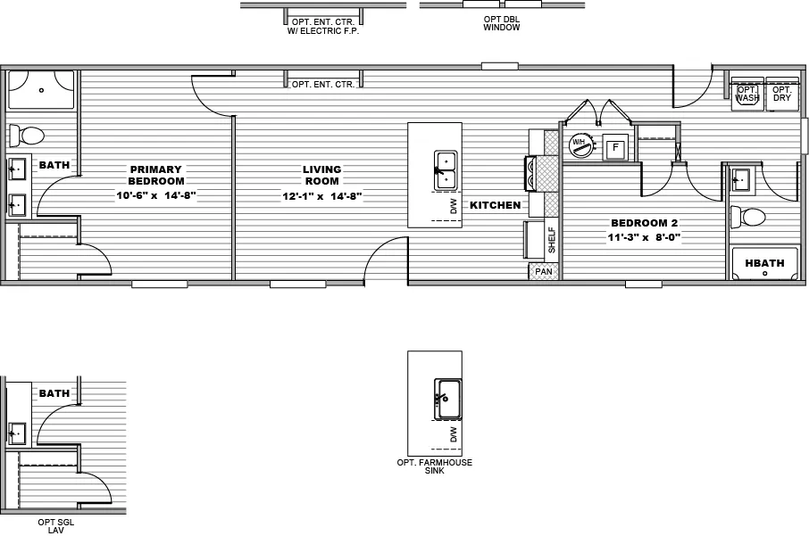 The FOOTHILLS 56 Floor Plan. This Manufactured Mobile Home features 2 bedrooms and 2 baths.