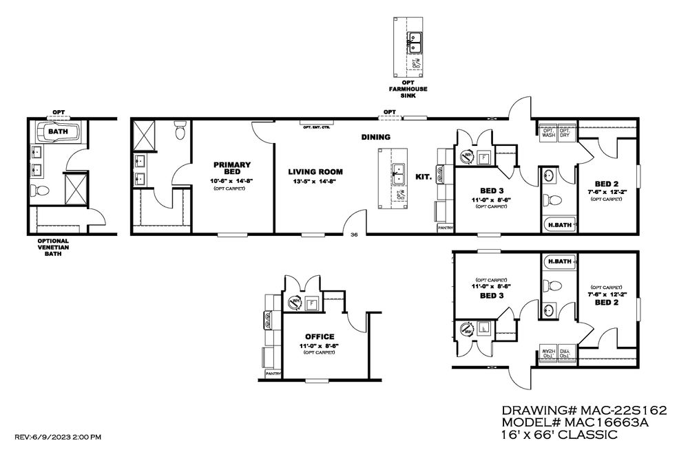 The MAYNARDVILLE CLASSIC 66 Floor Plan. This Manufactured Mobile Home features 3 bedrooms and 2 baths.