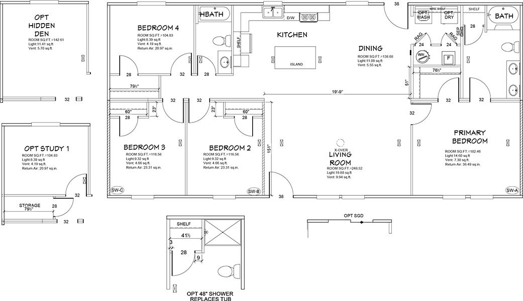The LEGEND 28X56 4 BR Floor Plan. This Manufactured Mobile Home features 4 bedrooms and 2 baths.