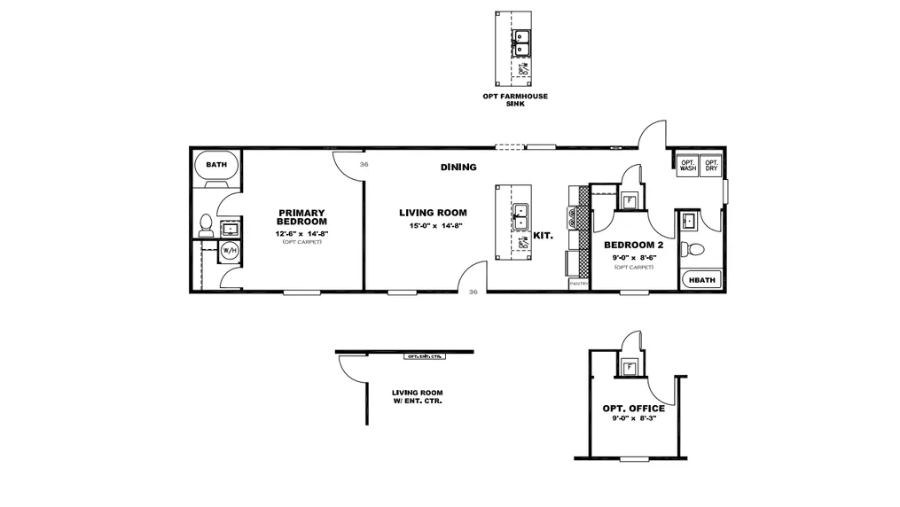 The MAYNARDVILLE CLASSIC 56 Floor Plan. This Manufactured Mobile Home features 2 bedrooms and 2 baths.