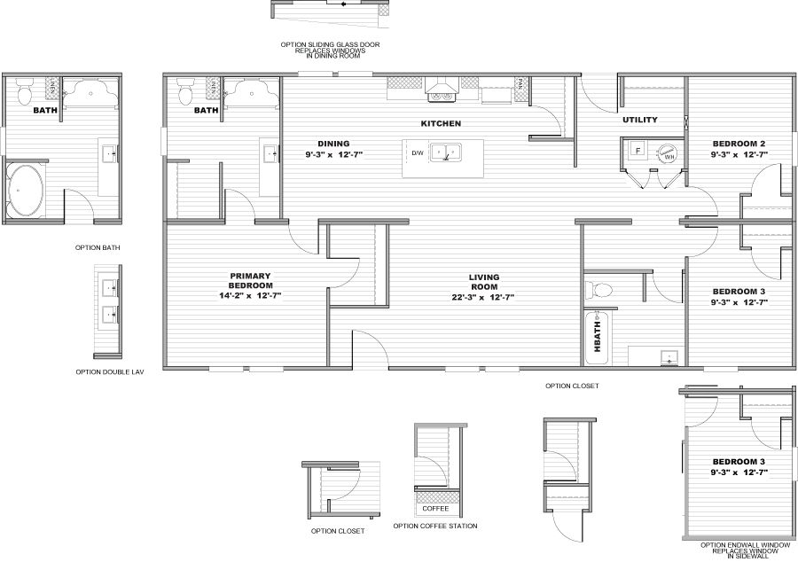 The REVEAL Floor Plan. This Manufactured Mobile Home features 3 bedrooms and 2 baths.
