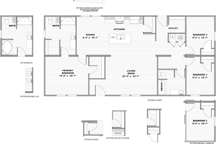 The REVEAL Floor Plan. This Manufactured Mobile Home features 3 bedrooms and 2 baths.