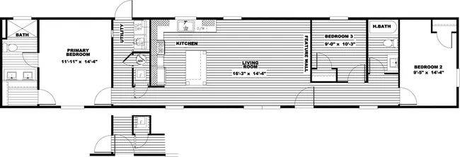 The TRINITY 76 Floor Plan. This Manufactured Mobile Home features 3 bedrooms and 2 baths.