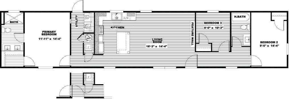 The TRINITY 76 Floor Plan. This Manufactured Mobile Home features 3 bedrooms and 2 baths.