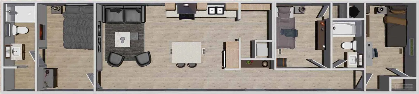 The RHYTHM NATION Floor Plan. This Manufactured Mobile Home features 3 bedrooms and 2 baths.