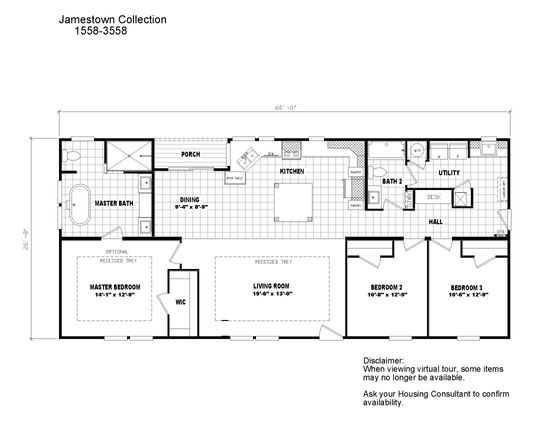 The 3558 JAMESTOWN Floor Plan. This Modular Home features 3 bedrooms and 2 baths.