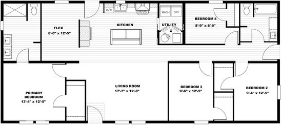 The LOVELY DAY Standard Floor Plan. This Manufactured Mobile Home features 4 bedrooms and 2 baths.