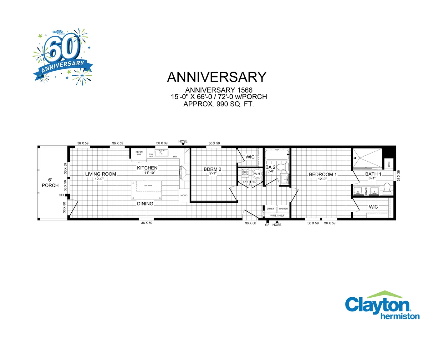 The ANNIVERSARY 1566 Floor Plan. This Manufactured Mobile Home features 2 bedrooms and 2 baths.