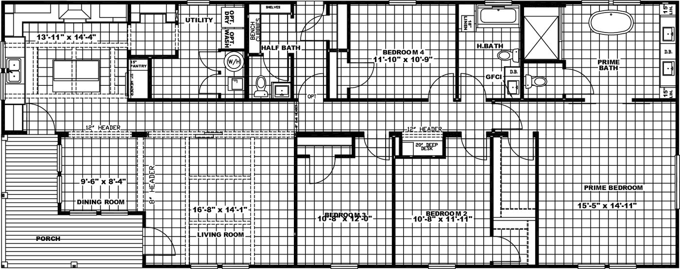 The SOUTHERN CHARM 4 BR Floor Plan. This Manufactured Mobile Home features 4 bedrooms and 2 baths.