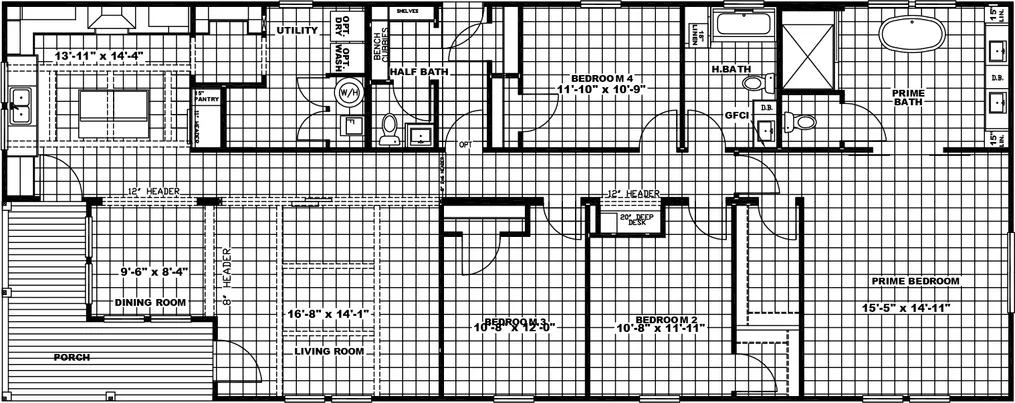 The SOUTHERN CHARM 4 BR Floor Plan. This Manufactured Mobile Home features 4 bedrooms and 2 baths.