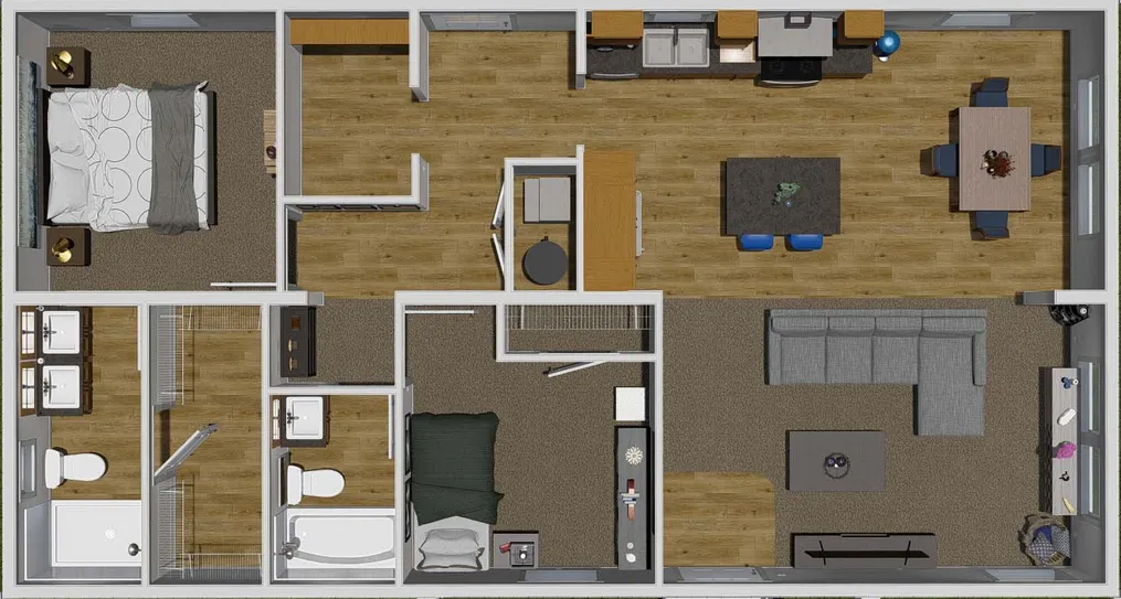 The RISING SUN Floor Plan. This Manufactured Mobile Home features 2 bedrooms and 2 baths.
