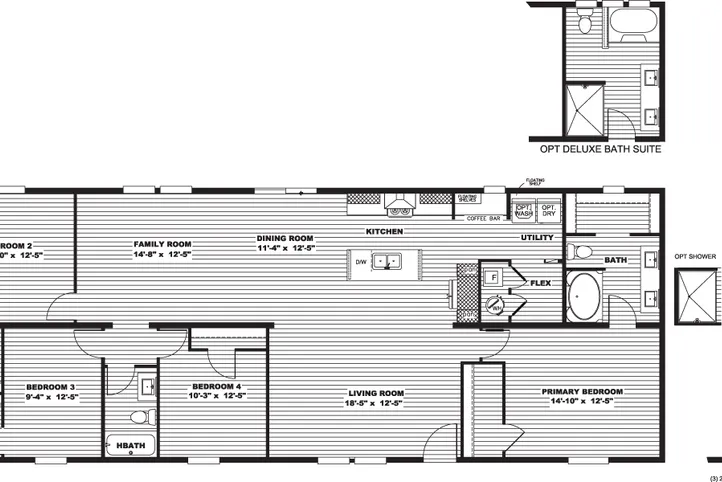 The MOROCCO Floor Plan. This Manufactured Mobile Home features 4 bedrooms and 2 baths.
