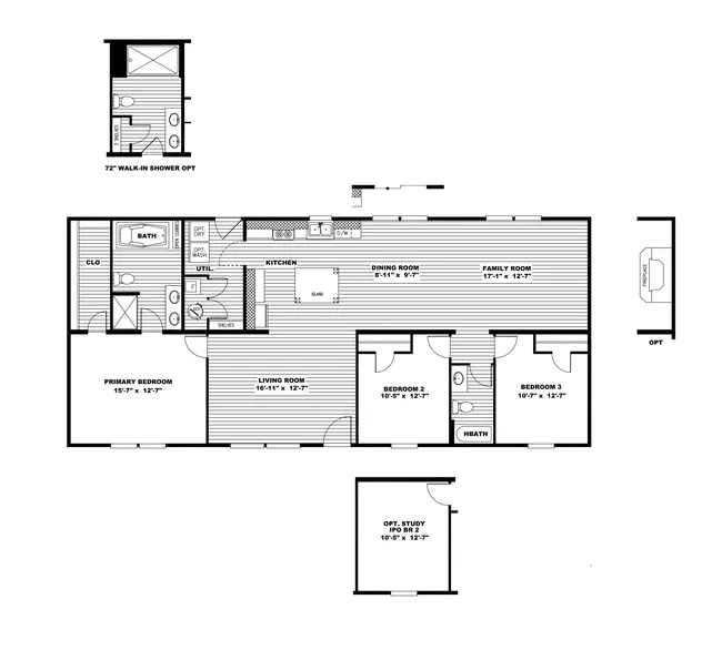 The ULTRA PRO 3 BR 28X60 Floor Plan. This Manufactured Mobile Home features 3 bedrooms and 2 baths.