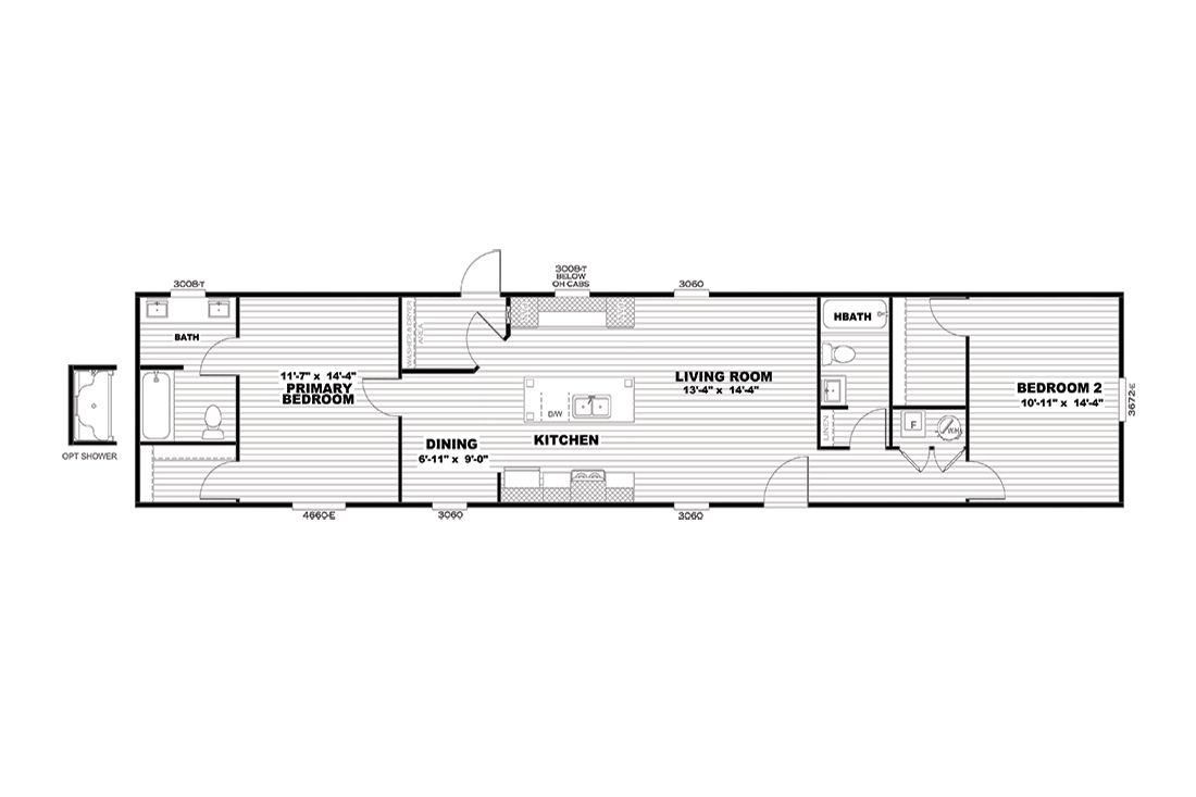 The SELECT 16722A Floor Plan. This Manufactured Mobile Home features 2 bedrooms and 2 baths.