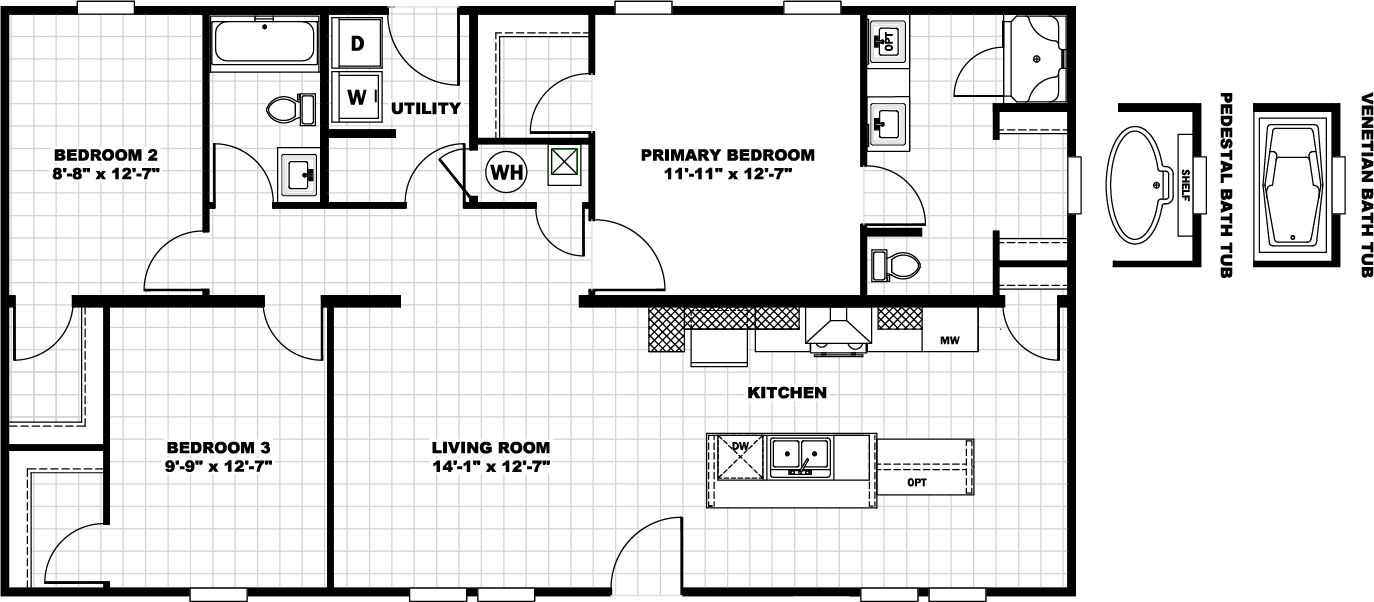 The 2848A Floor Plan. This Manufactured Mobile Home features 3 bedrooms and 2 baths.