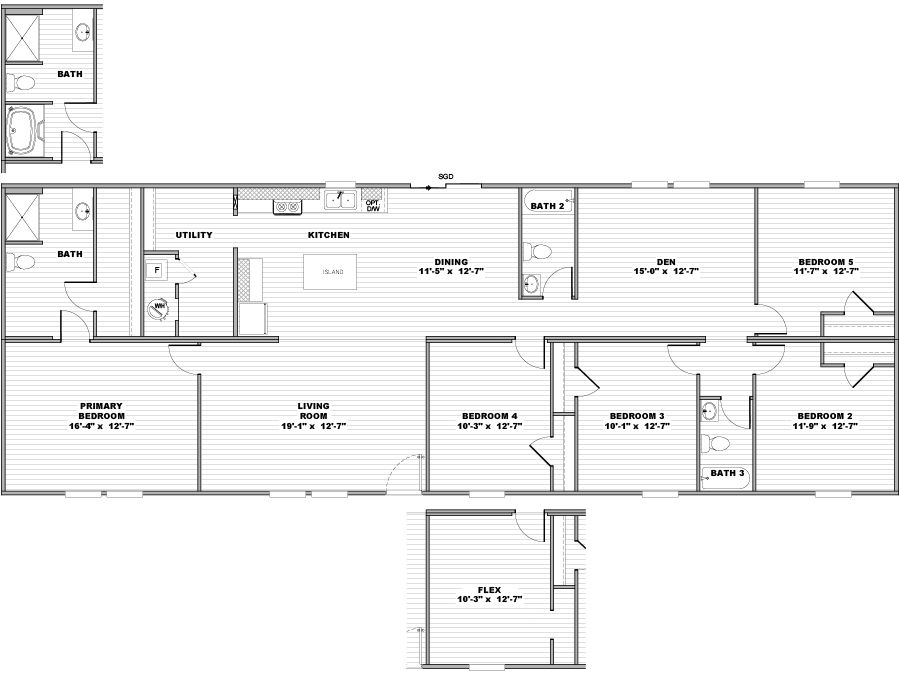 The REDWOOD Floor Plan. This Manufactured Mobile Home features 5 bedrooms and 3 baths.