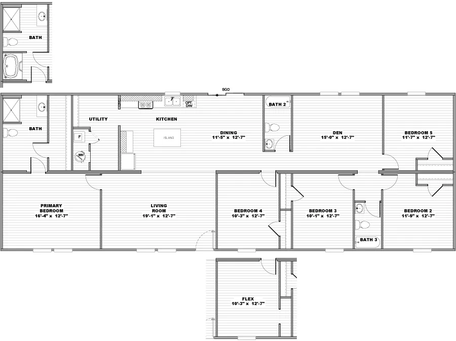 The REDWOOD Floor Plan. This Manufactured Mobile Home features 5 bedrooms and 3 baths.