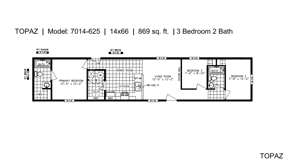 The TOPAZ Floor Plan. This Manufactured Mobile Home features 3 bedrooms and 2 baths.