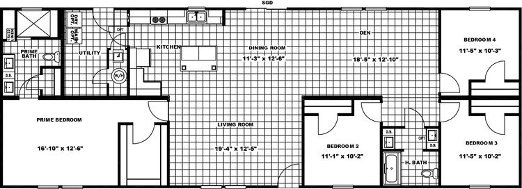 The KENNESAW ELITE Floor Plan. This Manufactured Mobile Home features 4 bedrooms and 2 baths.