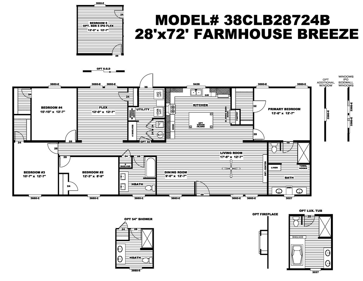 The BREEZE FARMHOUSE 72 Floor Plan. This Manufactured Mobile Home features 4 bedrooms and 2 baths.