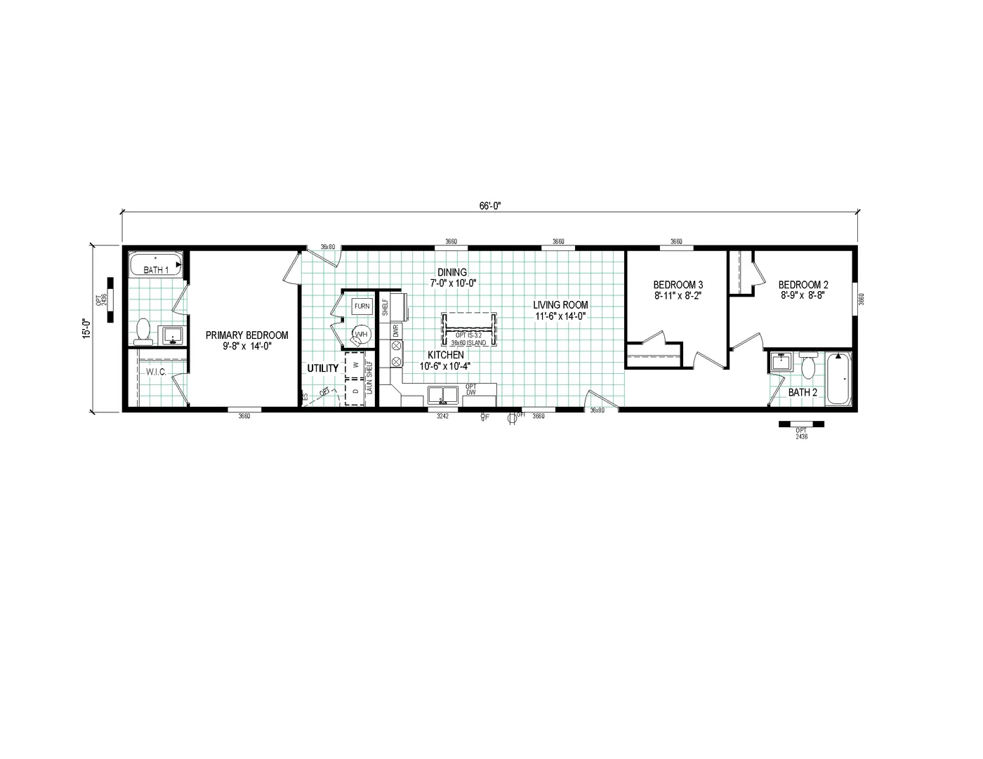 The 6616-4200 ADRENALINE Floor Plan. This Manufactured Mobile Home features 3 bedrooms and 2 baths.
