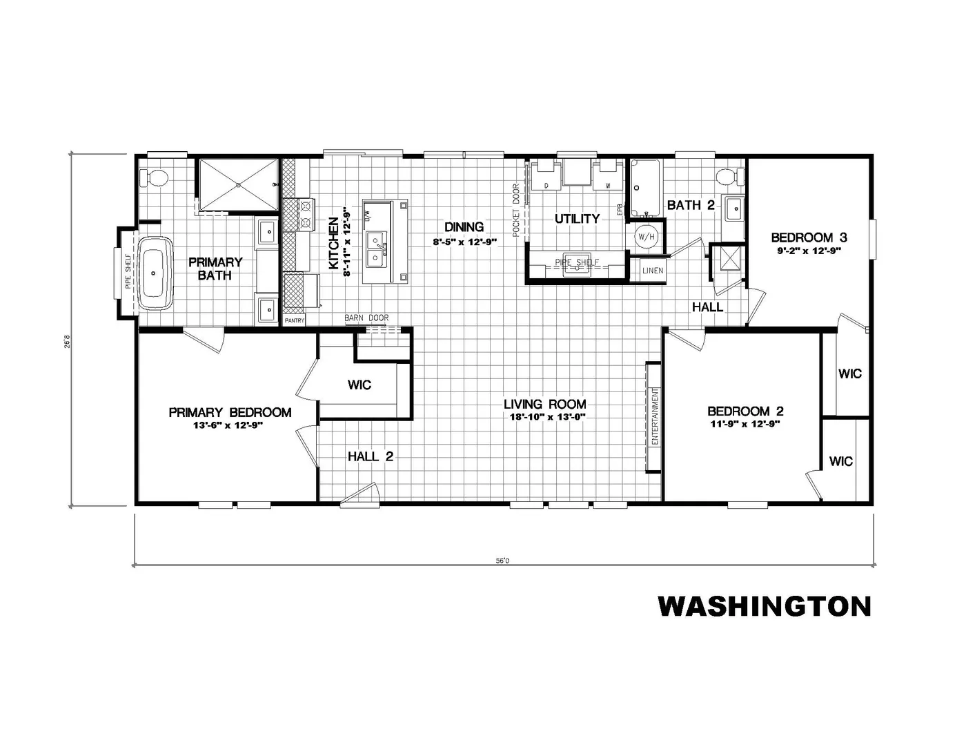 The THE WASHINGTON Floor Plan. This Manufactured Mobile Home features 3 bedrooms and 2 baths.