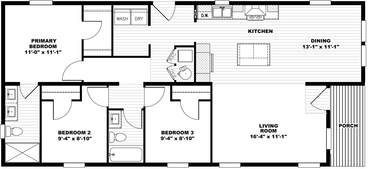 The STAND BY ME Floor Plan. This Manufactured Mobile Home features 3 bedrooms and 2 baths.