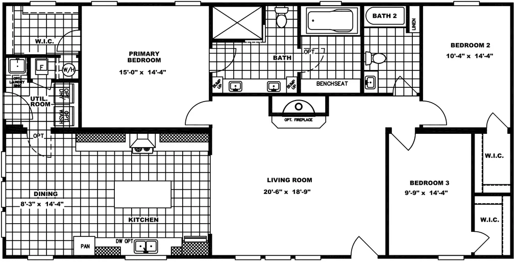 The REMINGTON Floor Plan. This Manufactured Mobile Home features 3 bedrooms and 2 baths.