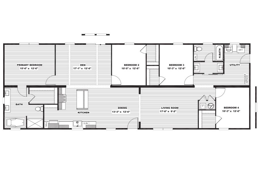 The EMMELINE Floor Plan. This Manufactured Mobile Home features 4 bedrooms and 2 baths.