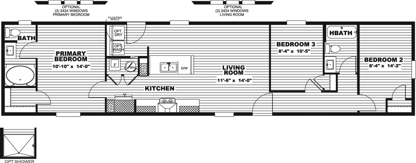The CLARK Floor Plan. This Manufactured Mobile Home features 3 bedrooms and 2 baths.