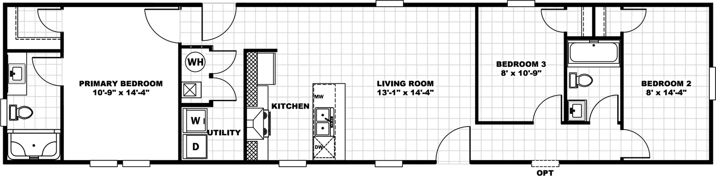 The 1666B Floor Plan. This Manufactured Mobile Home features 3 bedrooms and 2 baths.