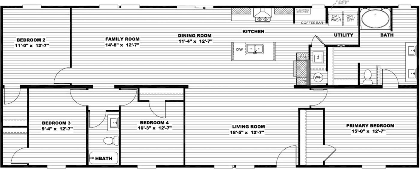 The MOROCCO Floor Plan. This Manufactured Mobile Home features 4 bedrooms and 2 baths.