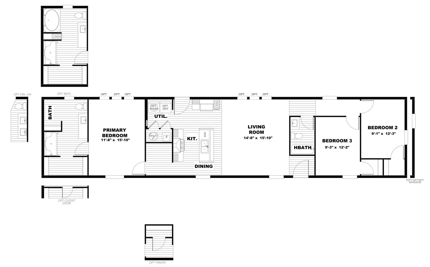 The SENSATION Floor Plan. This Manufactured Mobile Home features 3 bedrooms and 2 baths.