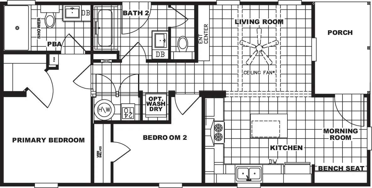 The TIFFANY Floor Plan. This Manufactured Mobile Home features 2 bedrooms and 2 baths.