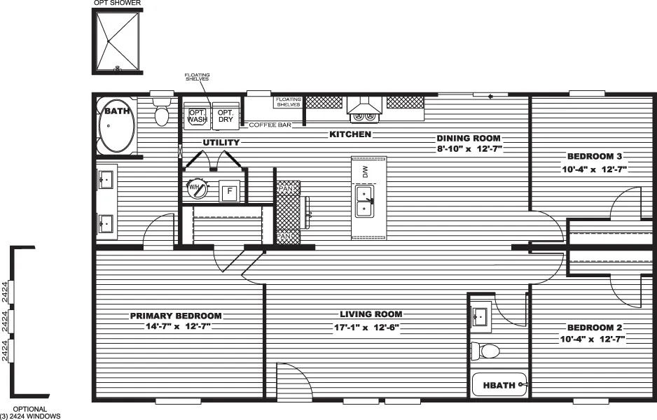 The DESOTO Floor Plan. This Manufactured Mobile Home features 3 bedrooms and 2 baths.